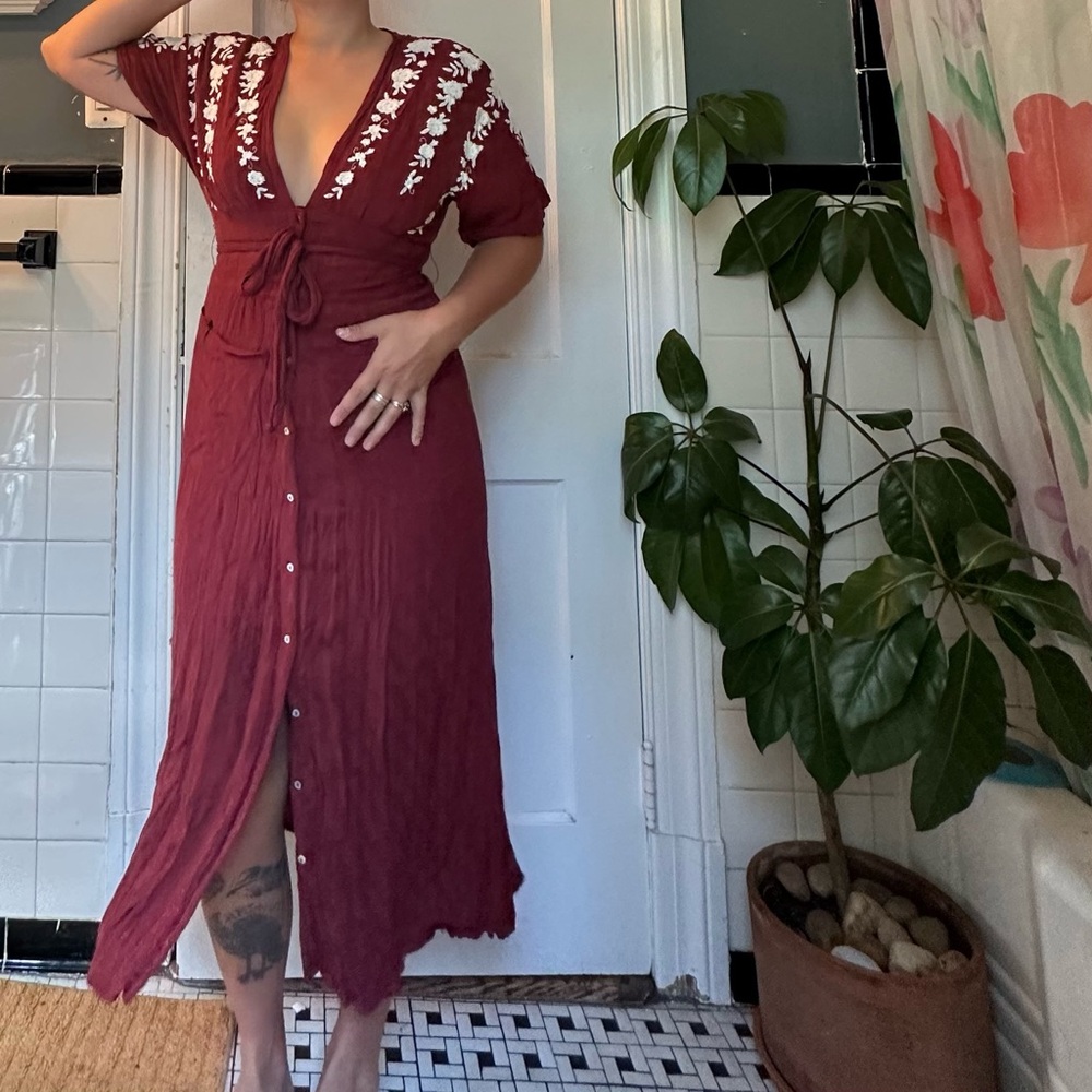 Free People Red Buttoned Midi Sundress